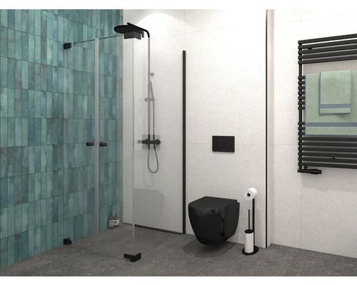 Moderne badkamer met douche, toilet en handdoekradiator