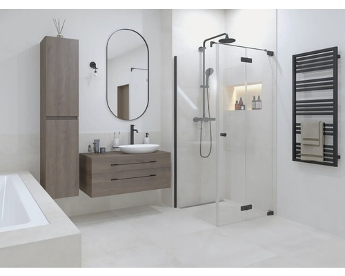 Moderne badkamer met douche, wastafel met onderkast, spiegelkast, spiegel en handdoekradiator.