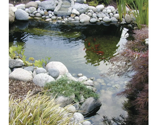 Een tuinvijver met stenen, planten en een waterval.