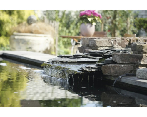 Vijver met waterval en stenen muur in de tuin