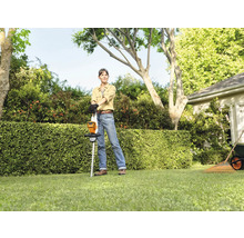 Vrouw met accu heggenschaar in de tuin voor een haag.