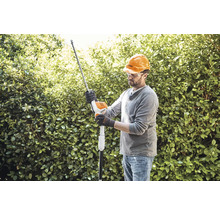 Man met veiligheidshelm en veiligheidsbril snoeit heg met heggenschaar.