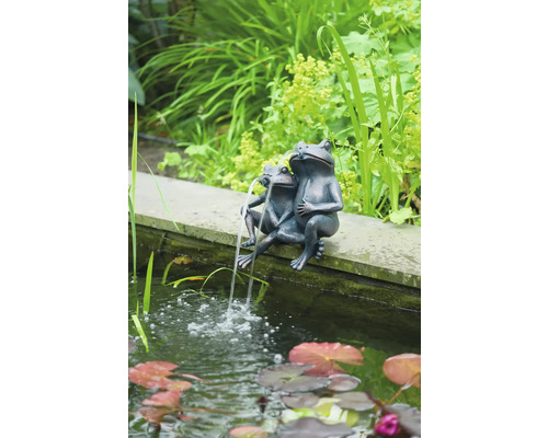 Fontein met kikkerfiguren aan de rand van de vijver