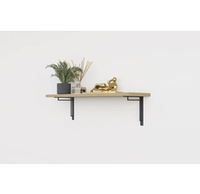 Wandplank met decoraties zoals potplant, geurverspreider en gouden sculptuur