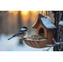 Vogel bij een vogelhuisje gevuld met zonnebloempitten in de winter