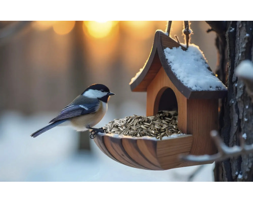 Vogel bij een vogelhuisje gevuld met zonnebloempitten in de winter