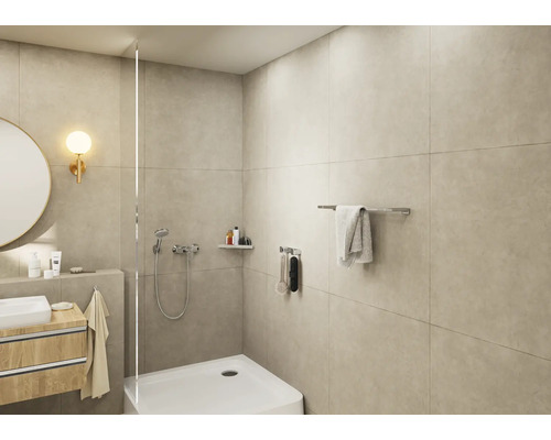 Badkamer met douche, wastafel en handdoekrek