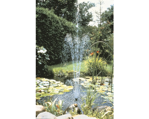 Vijver met fontein, waterlelies en weelderige beplanting