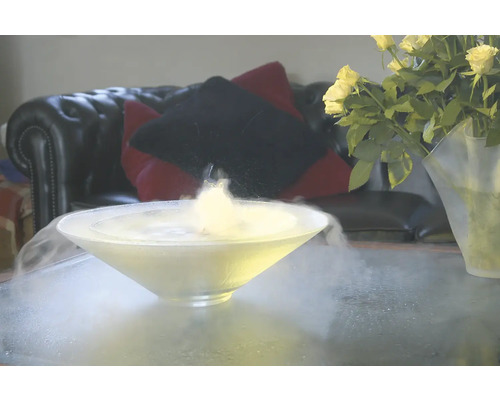 Schaal met droogijs op een tafel, met een bank en een boeket bloemen op de achtergrond