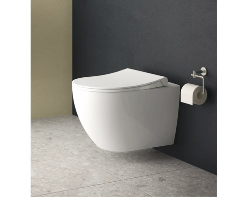 Wandcloset met toiletpapierhouder in badkamer.