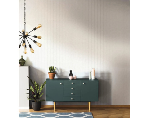 Woonkamer met dressoir, kamerplanten, vloerkleed en hanglamp