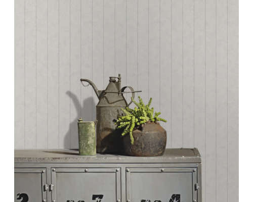 Decoratieve metalen elementen en een kamerplant op een metalen kast voor een gestreepte wand