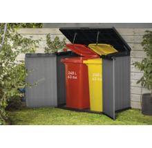 Afvalbak met open deksel en twee afvalcontainers