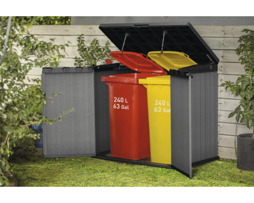Afvalbak met open deksel en twee afvalcontainers