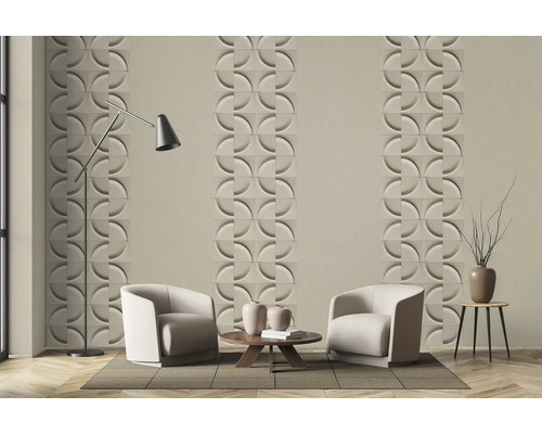 Woonkamer met 3D-wandpanelen, fauteuils, staande lamp en bijzettafel voor modern interieurontwerp
