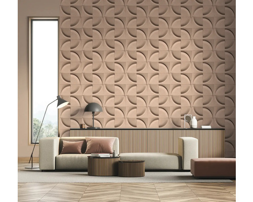 Woonkamer met 3D-wandpanelen, bank en verlichting