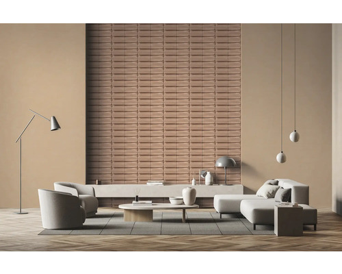 Woonkamer met bank, fauteuils, salontafel, staande lamp, hanglampen en wandpanelen voor een modern interieur