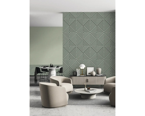 Woonkamer met driedimensionale wandpanelen met geometrisch patroon