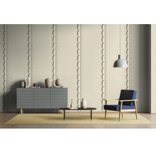 Woonkamer met driedimensionale wandpanelen, dressoir, fauteuil en vloerkleed