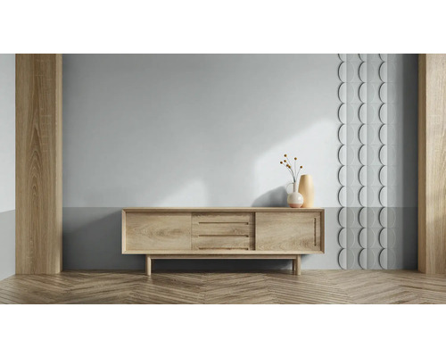 Woonkamer met dressoir, wandpanelen en visgraatparket