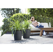 Twee plantenpotten met beplanting op een houten terras, op de achtergrond een vrouw op een bank