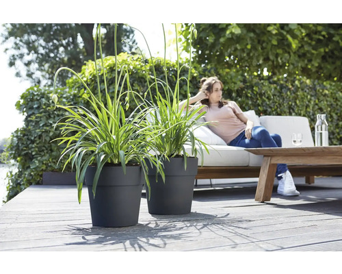 Twee plantenpotten met beplanting op een houten terras, op de achtergrond een vrouw op een bank