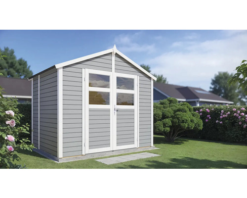 Tuinhuis met dubbele deur en ramen in de tuin