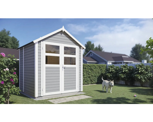 Tuin met houten tuinhuis en een hond op het gazon