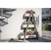 Houten plantenstandaard met drie plantenbakken en verschillende planten