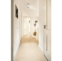 Lichte hal met witte muren, deuren en lichte vloerbedekking, minimalistisch design.
