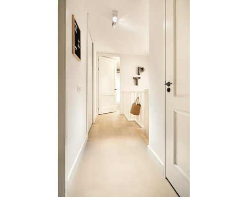 Lichte hal met witte muren, deuren en lichte vloerbedekking, minimalistisch design.