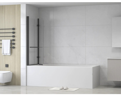 Moderne badkamer met bad, douchewand, radiator en badkamermeubels voor een heldere, georganiseerde sfeer.