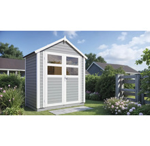 Houten tuinhuis met dubbele deur en ramen in de tuin