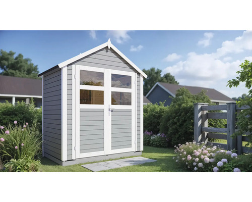 Houten tuinhuis met dubbele deur en ramen in de tuin