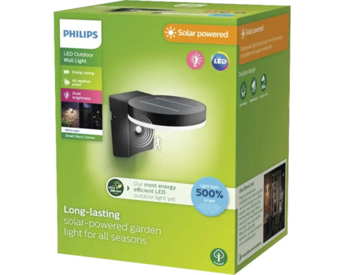 Verpakking van een Philips led-solar tuinwandlamp voor alle seizoenen