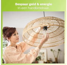 Vrouw vervangt gloeilamp in een lamp met rotan kap