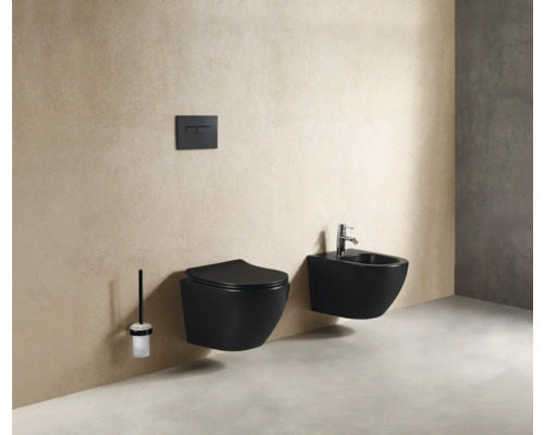 Wandhangend toilet en bidet in een badkamer met bedieningspaneel voor het reservoir