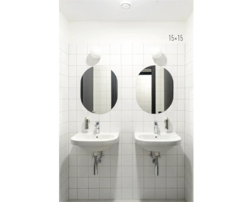 Badkamer met twee wastafels, ronde spiegels en witte tegels