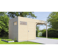 Houten tuinhuis met raam, deur en carport