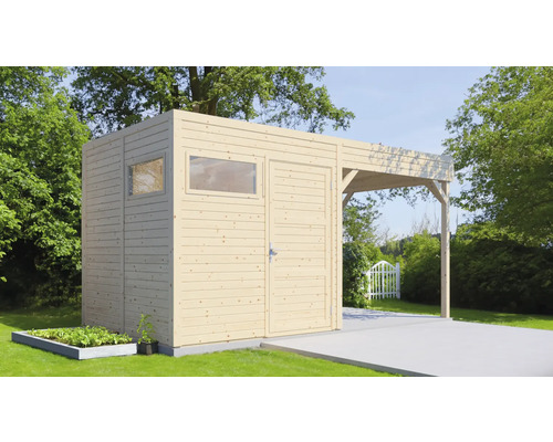 Houten tuinhuis met raam, deur en carport