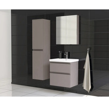 Badkamer met wastafel, spiegelkast en hoge kast tegen een donkere tegelachtergrond.