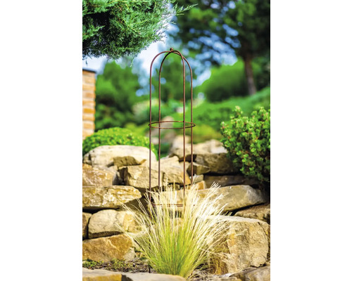 Tuinaanzicht met metalen plantensteun