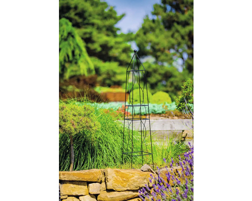 Metalen obelisk plantensteun in tuin