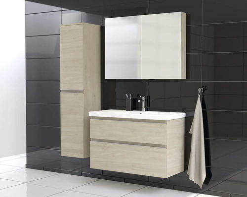 Badkamer met wastafelonderkast, spiegelkast en hoge kast