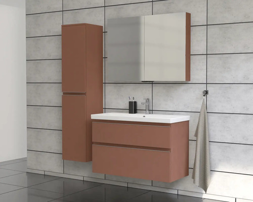 Badkamer met wastafel, spiegelkast en hoge kast aan de muur