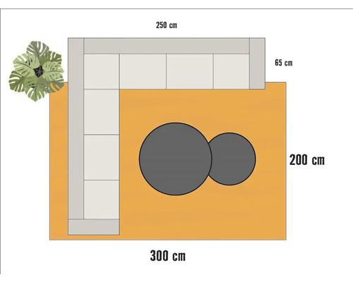 Bovenaanzicht van een loungeset met tafel en plant, afmetingen 300 bij 200 centimeter