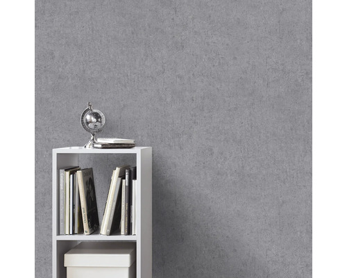 Grijze behang in betonlook achter een witte boekenkast met boeken, wereldbol en doos