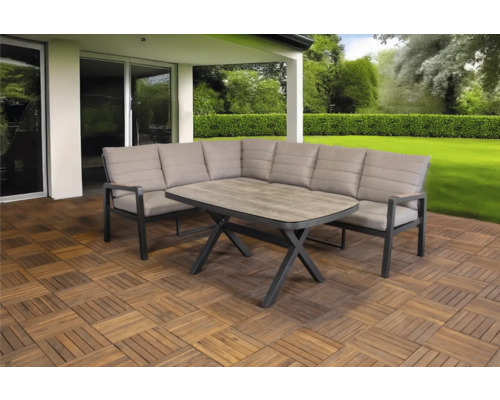 Tuinmeubelset met hoekbank en tafel op houten terras