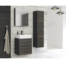 Moderne badkamer met wastafel, spiegelkast en hoge kast in donker houten decor