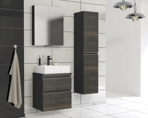 Moderne badkamer met wastafel, spiegelkast en hoge kast in donker houten decor